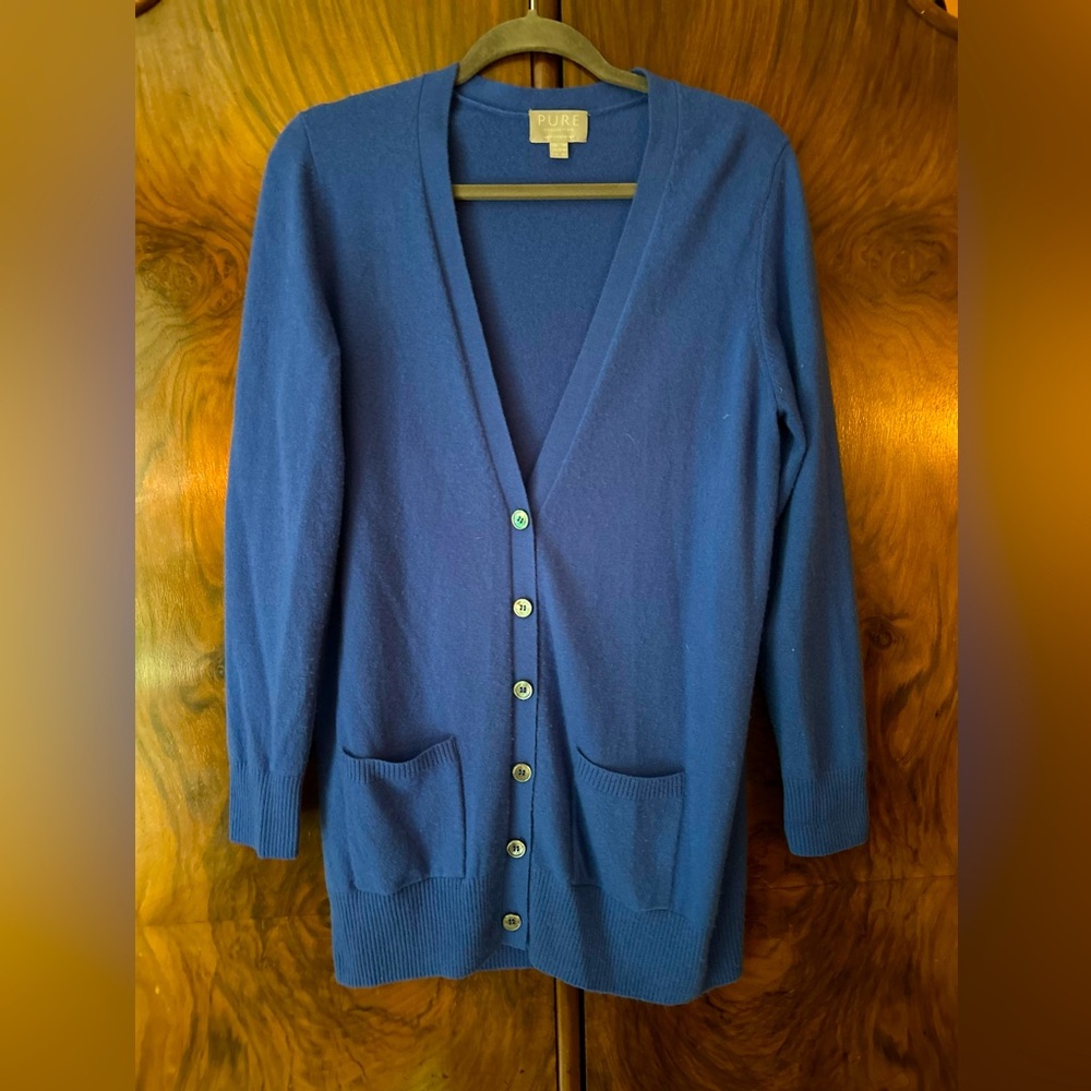 PURE Blue Cashmere Button Down Sweater